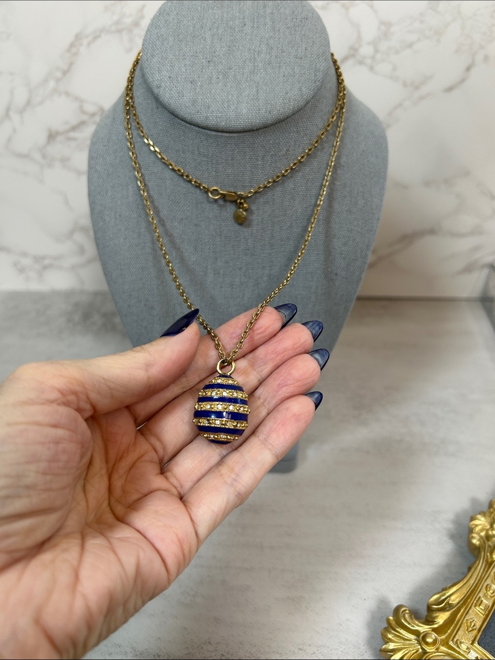 J. Crew Vintage Y2K Gold-Tone Necklace with Blue and Gold Striped Egg Pendant